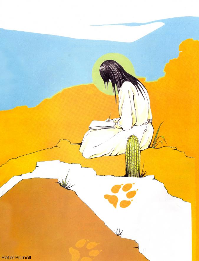 Peter Parnall A Native American girl writing in a notebook while sitting in a desert landscape