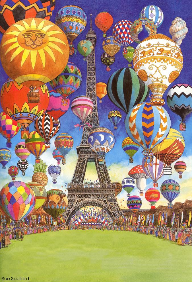 Sue Scullard Dozens of colorful hot-air balloon floating around the Eiffel Tower