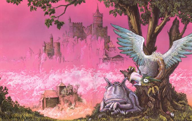 Graeme Base Two unusual creatures in the forground of a landscape with pink sky and castles in the distance