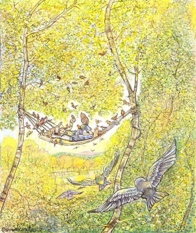 Steven Kellogg A man in a hammock surrounded by birds