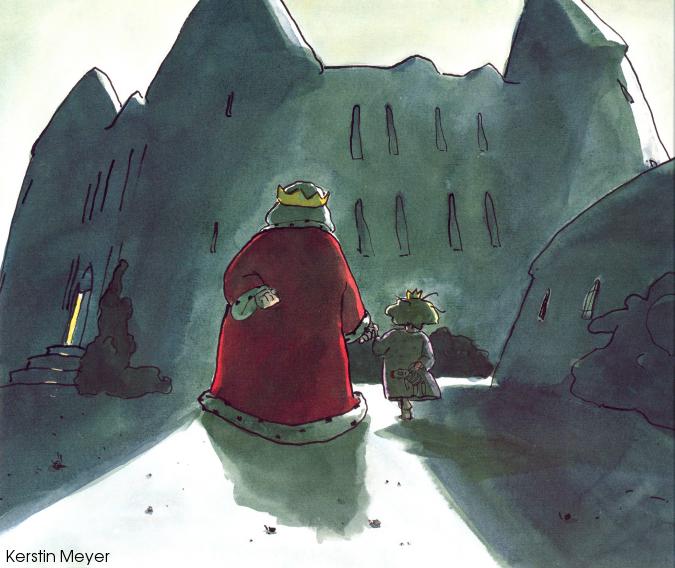 Kerstin Meyer A king in a red robe holding hands with a little princess in a nightshirt walk toward a castle