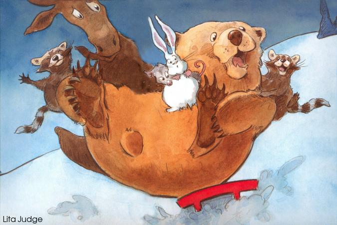 Lita Judge A red sled holding a bear, moose, raccoons, rabbit, and possum sliding downhill