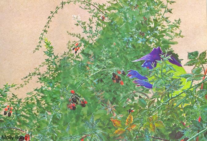 Molly Bang A long-fingered, blue-skinned creature wearing a purple hat, picking berries