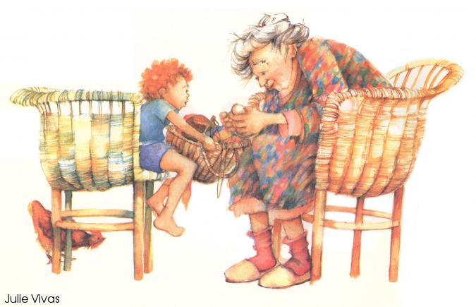 Julie Vivas A little red-headed boy and a white-haired old woman looking at items in a basket