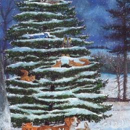 Animals sheltering in an evergreen tree