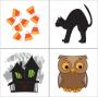 Candy corn, black cat, haunted house, and owl