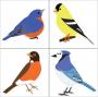 Bluebird, goldfinch, robin, and blue jay