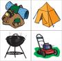 Backpack, tent, charcoal grill, and lawnmower
